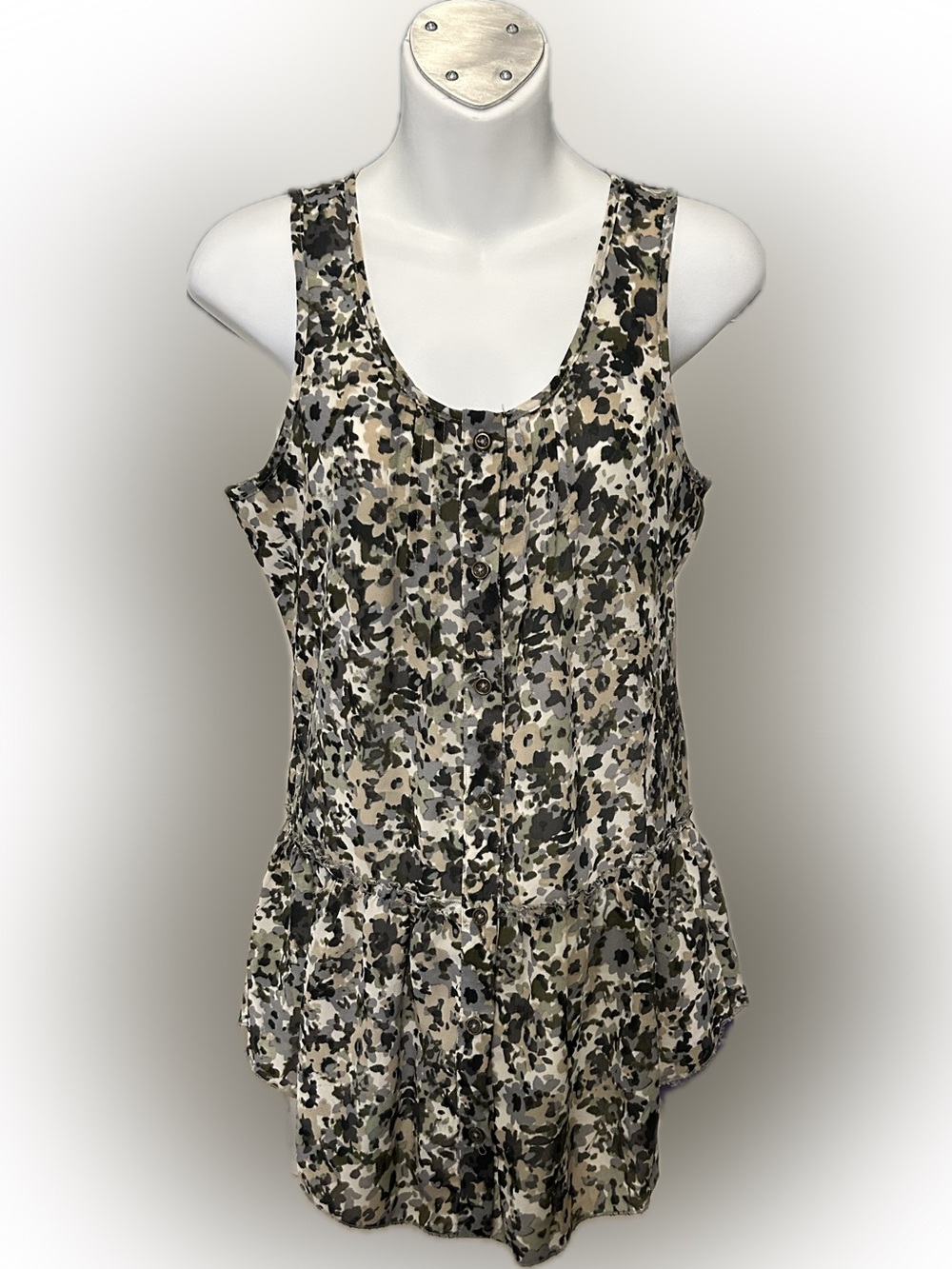 Maurices Olive and Black Floral Button-Front Peplum Tank